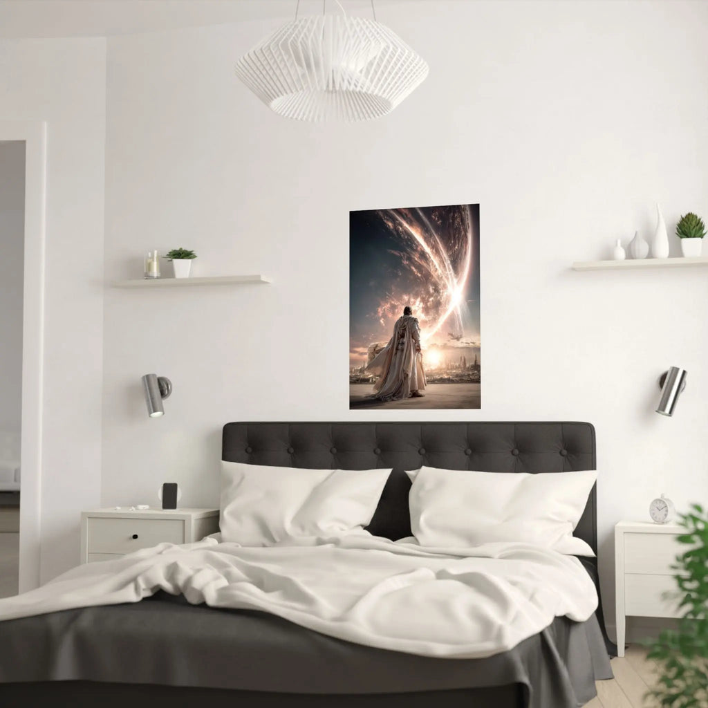Epic Sci‑Fi Poster — Lone Figure Walking Toward Stellar City (Satin 210gsm) Printify