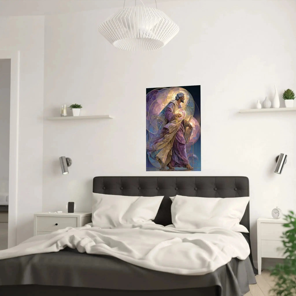 Religious Art Poster — Stained-Glass Saint Holding Orb Satin Print Printify