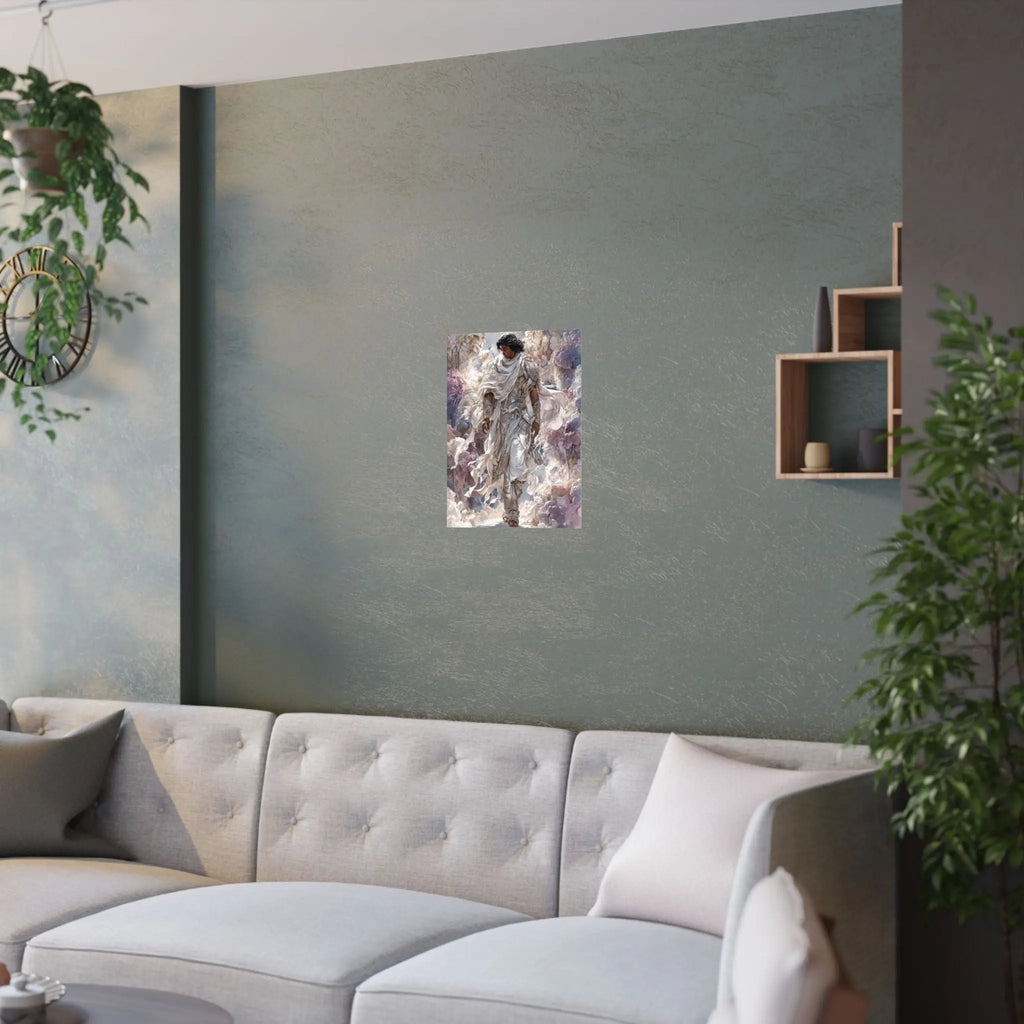 Angelic Figure Satin Poster — Ethereal Cloudscape Wall Art (210gsm) Printify