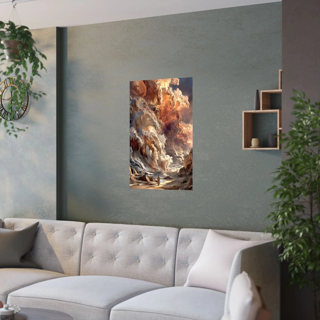 Epic Fantasy Cloudscape Satin Poster — Lone Wanderer in Fiery Sky (210gsm) Printify