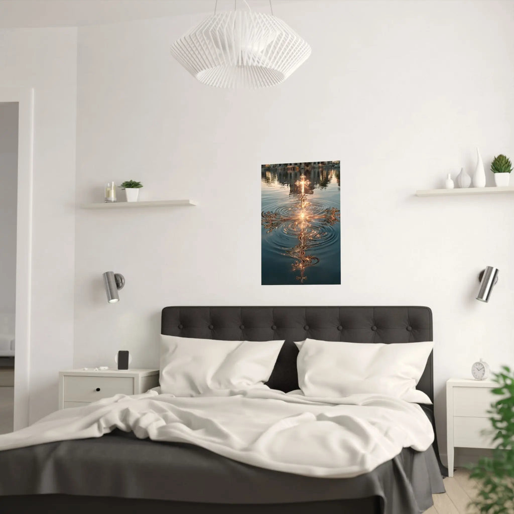 Satin Poster — Golden Cross Water Reflection Art Print Printify