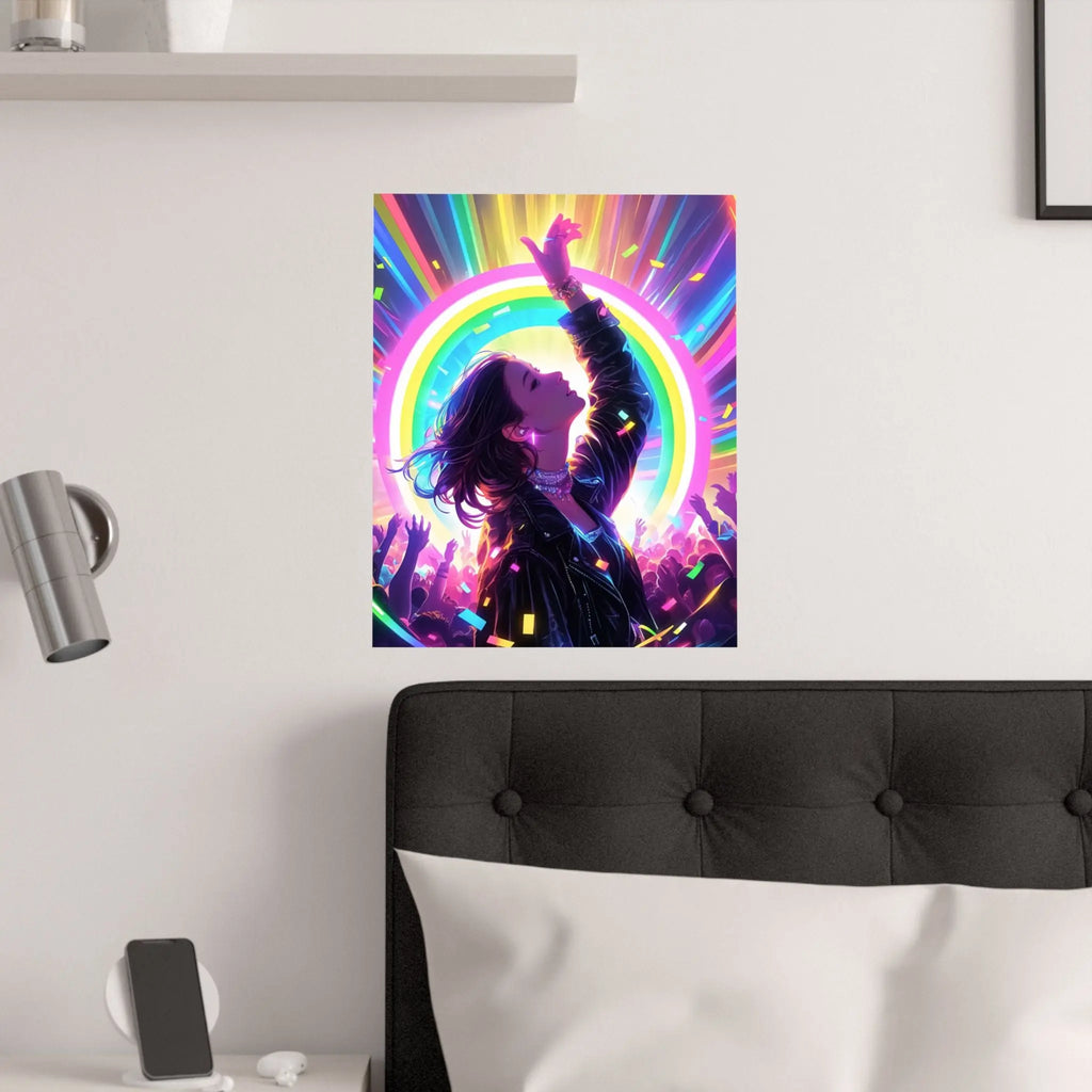 Satin Poster — Neon Concert Girl Rainbow Art Print Printify