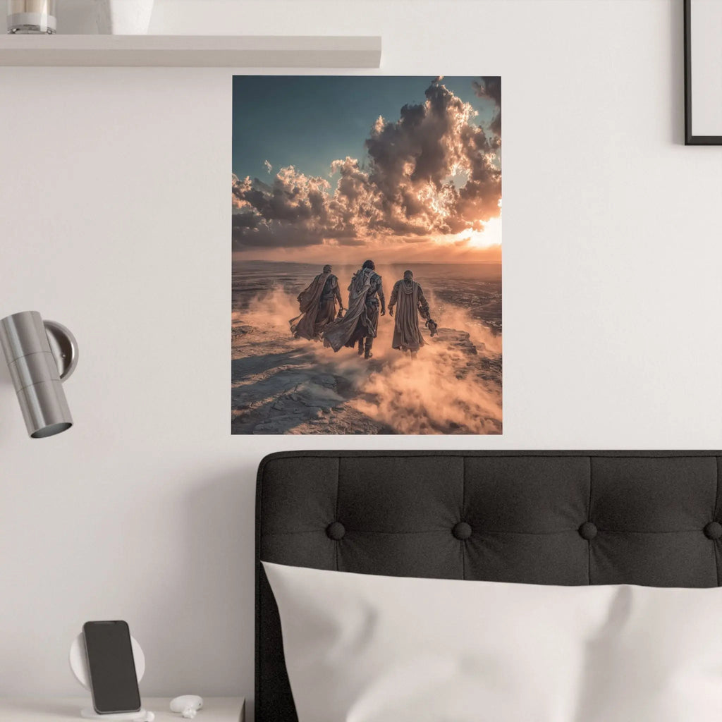 Desert Wanderers Satin Poster – Cinematic Sunset Adventure Wall Art Printify
