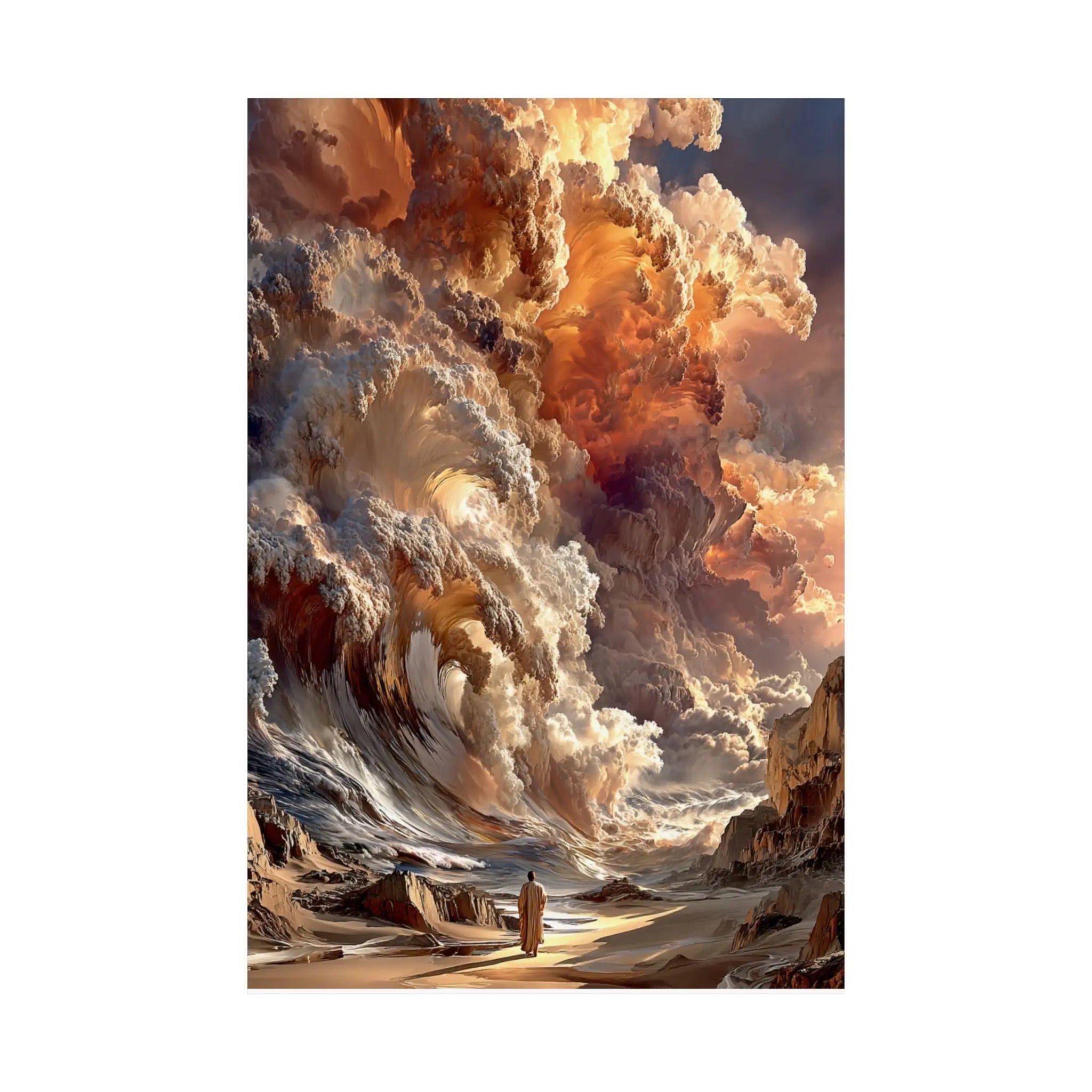 Epic Fantasy Cloudscape Satin Poster — Lone Wanderer in Fiery Sky (210gsm) Printify