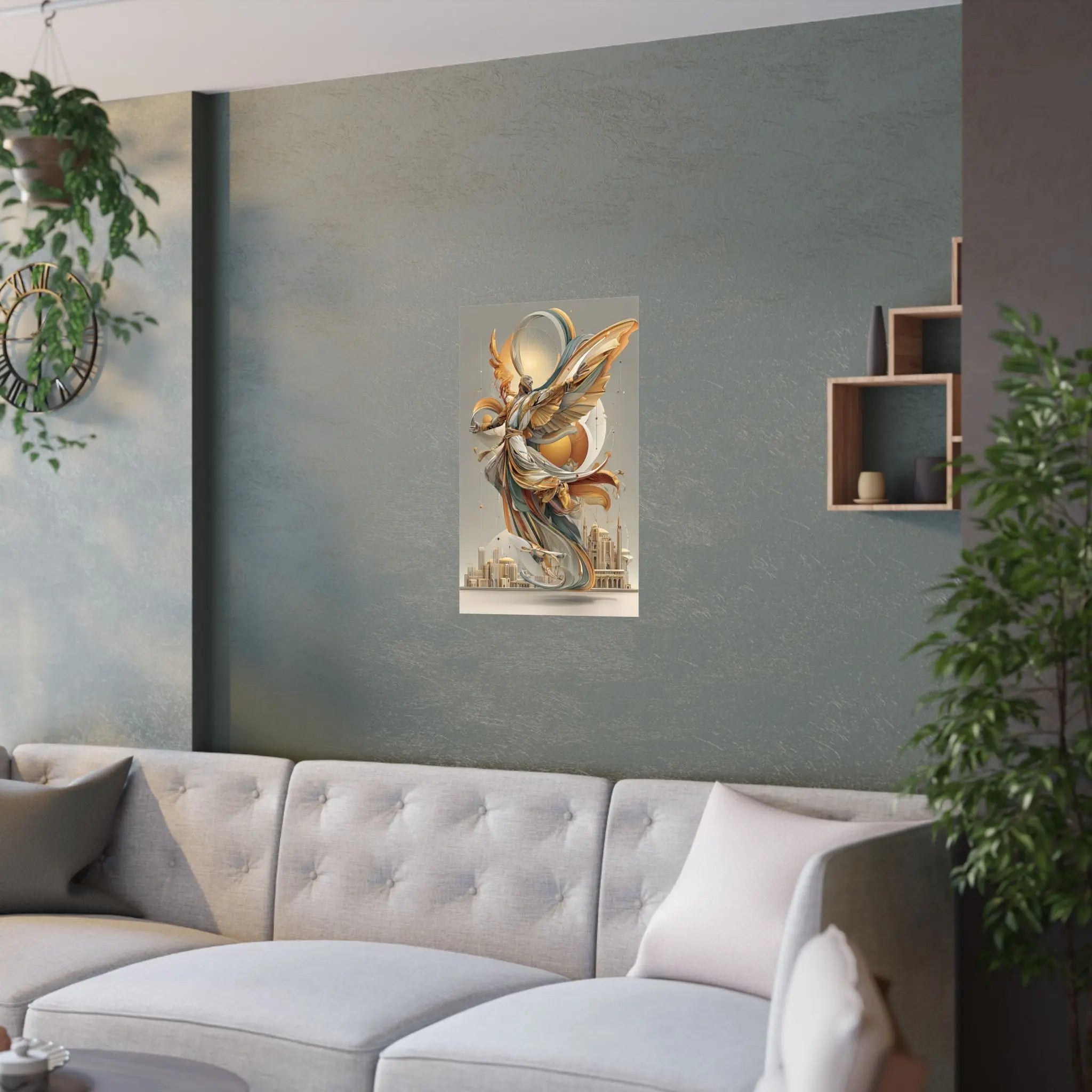 Satin Art Poster — Golden Angel Cityscape (210gsm) Printify