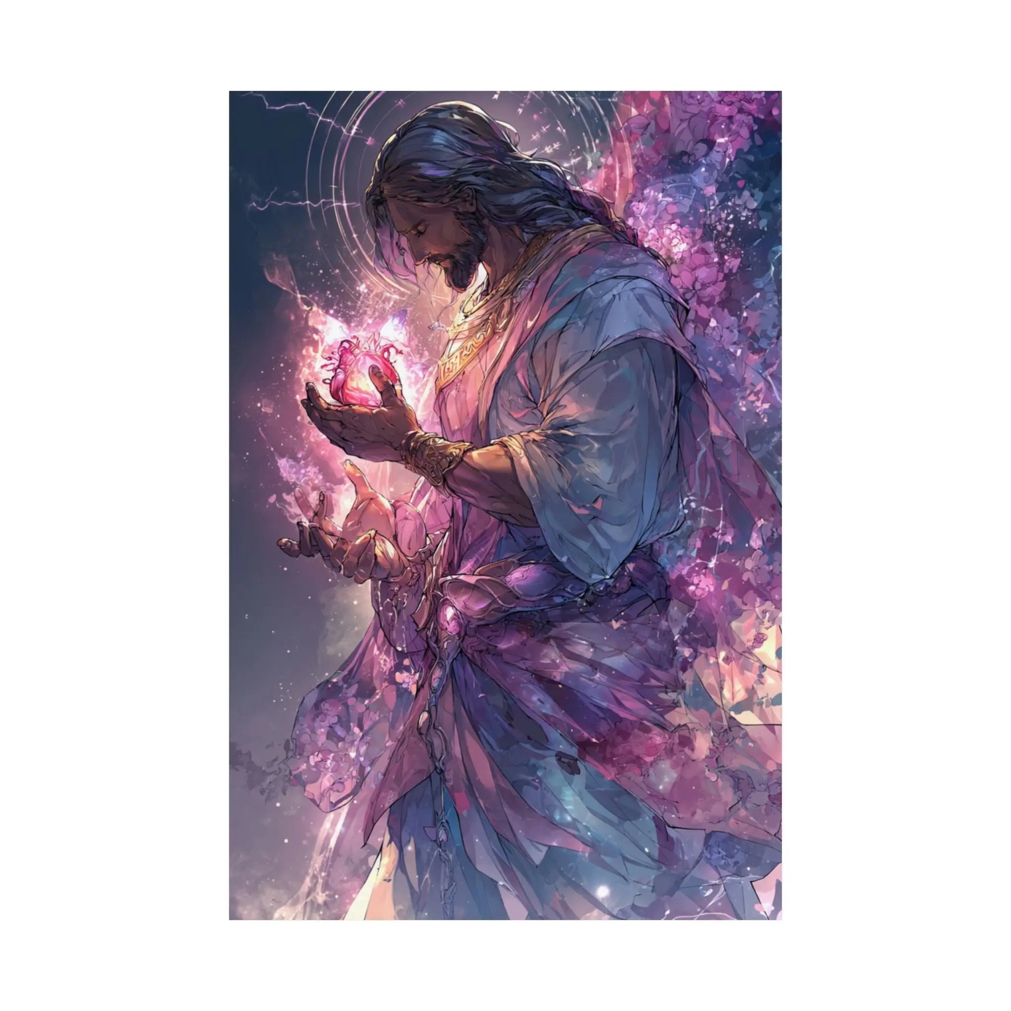 Satin Poster — Radiant Christ Holding Heart Illustration (210gsm) Printify