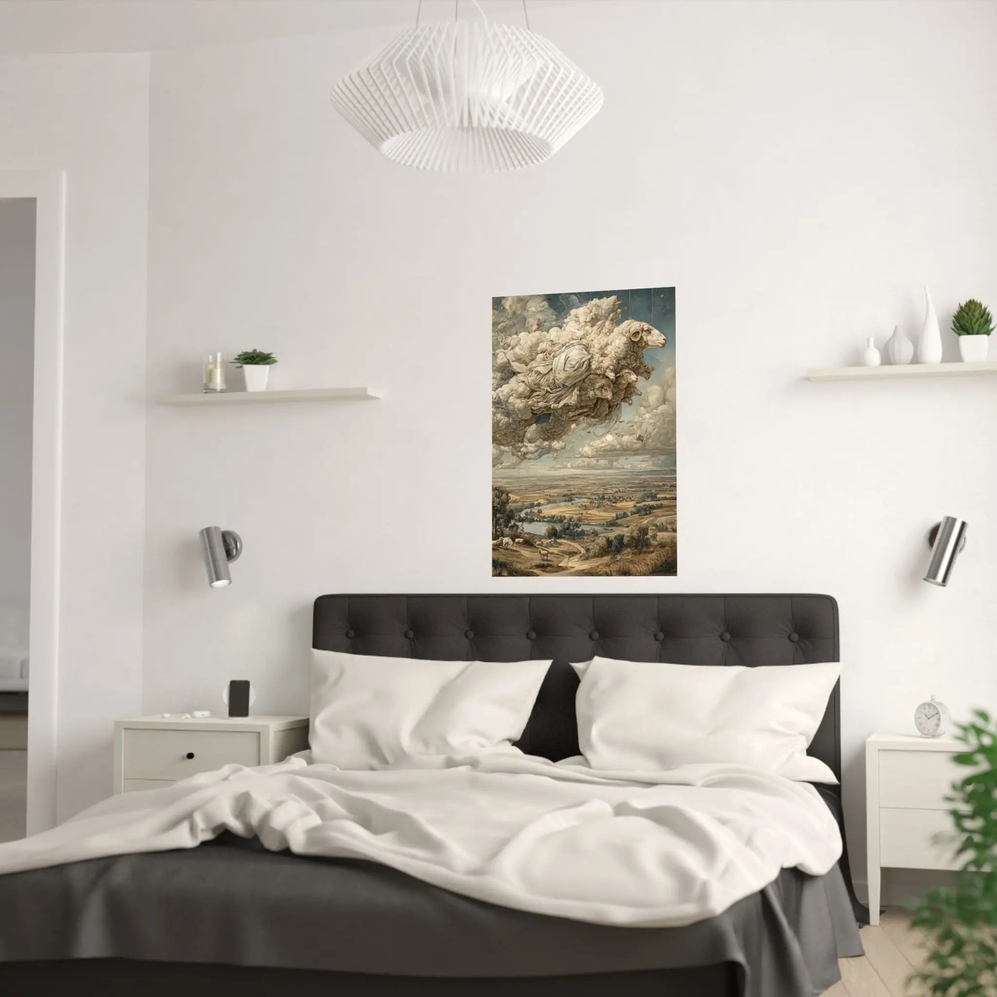 Surreal Cloud Sheep Satin Poster — Dreamscape Landscape Art Print Printify