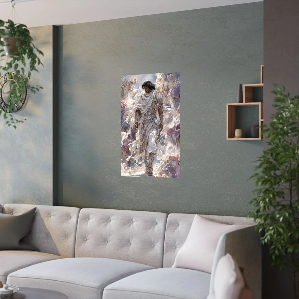 Angelic Figure Satin Poster — Ethereal Cloudscape Wall Art (210gsm) Printify