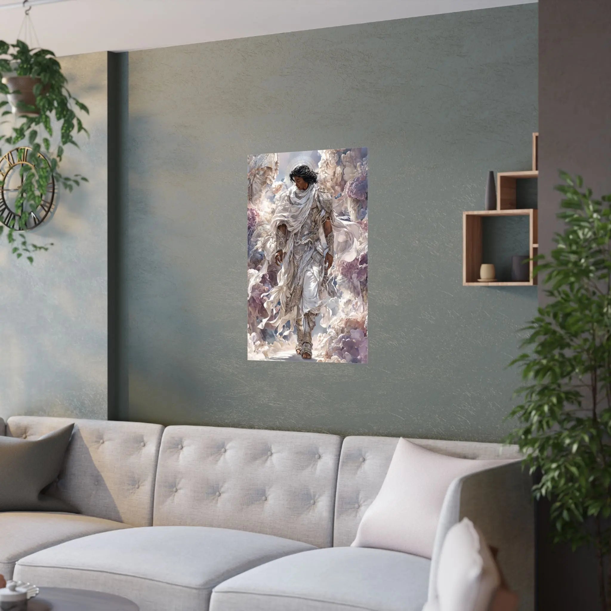 Angelic Figure Satin Poster — Ethereal Cloudscape Wall Art (210gsm) Printify