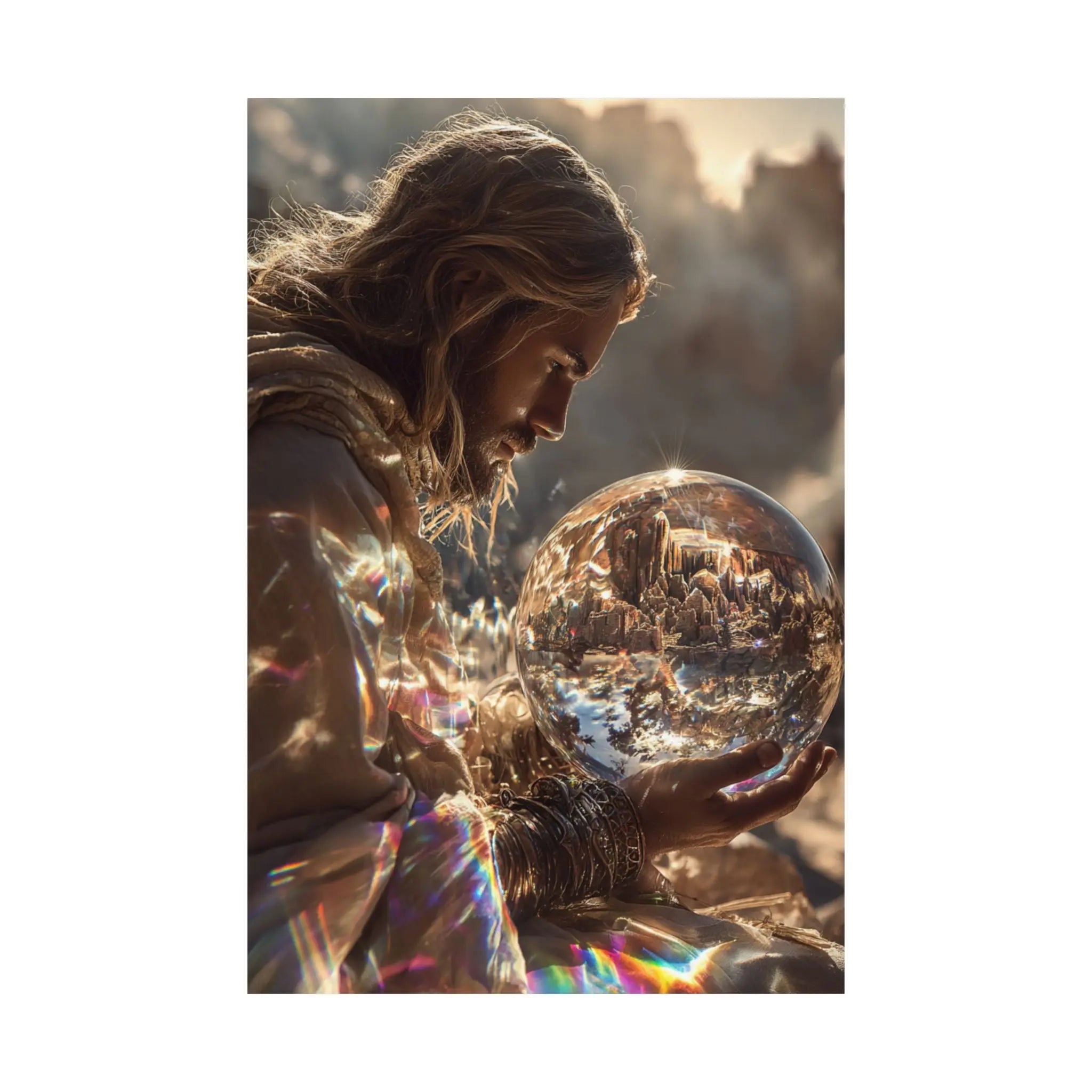 Satin Poster — Mystic Jesus Holding Crystal Orb Art Print Printify