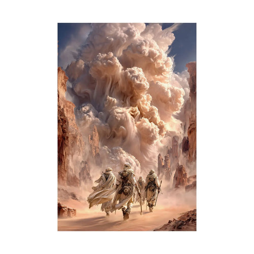 Desert Pilgrimage Satin Poster — Dramatic Sandstorm Fantasy Wall Art Printify