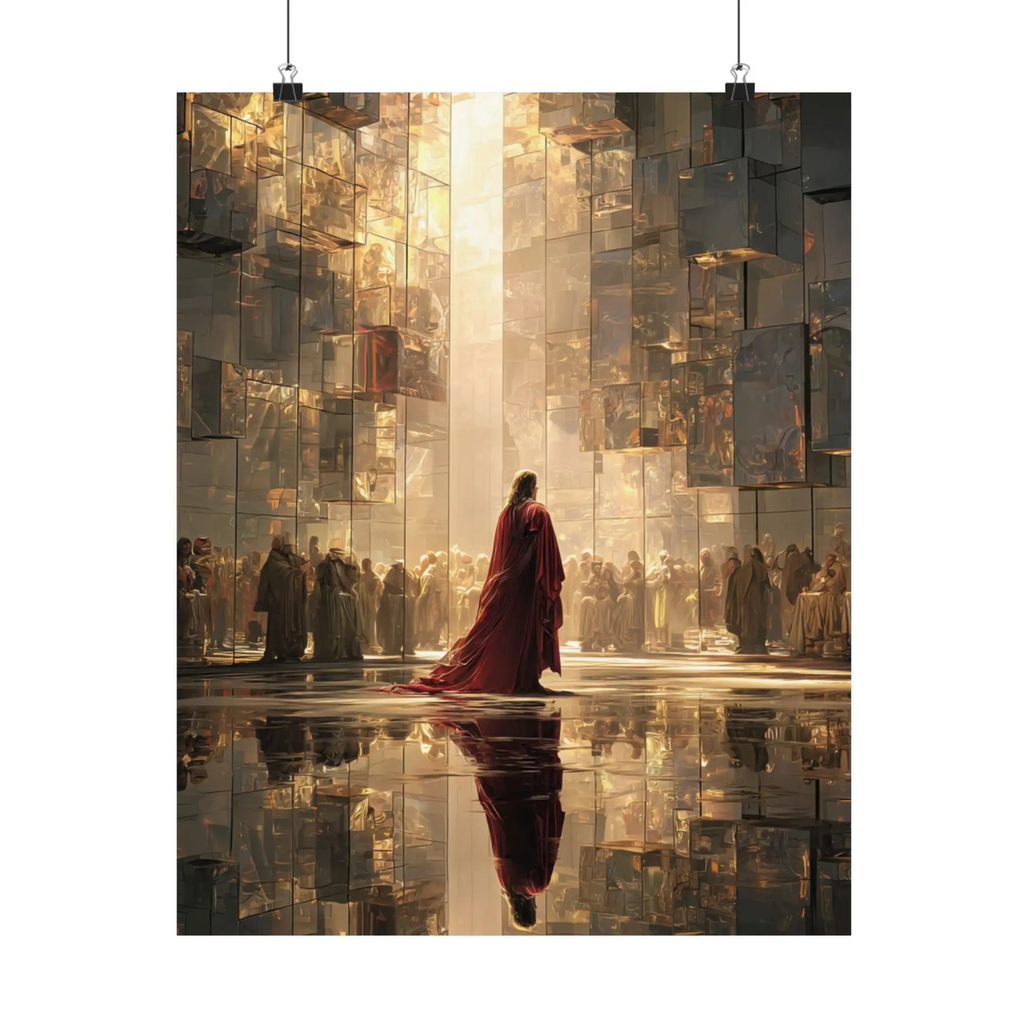 Satin Poster — Jesus in Regal Red Cloak in Golden Reflective Cityscape Printify