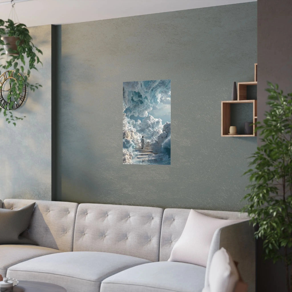 Heavenly Stairway Satin Poster — Ethereal Cloudscape Wall Art Printify