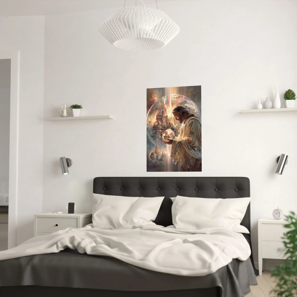 Satin Poster — Jesus The Spiritual Guardian Holding Lighted Globe (210gsm) Printify