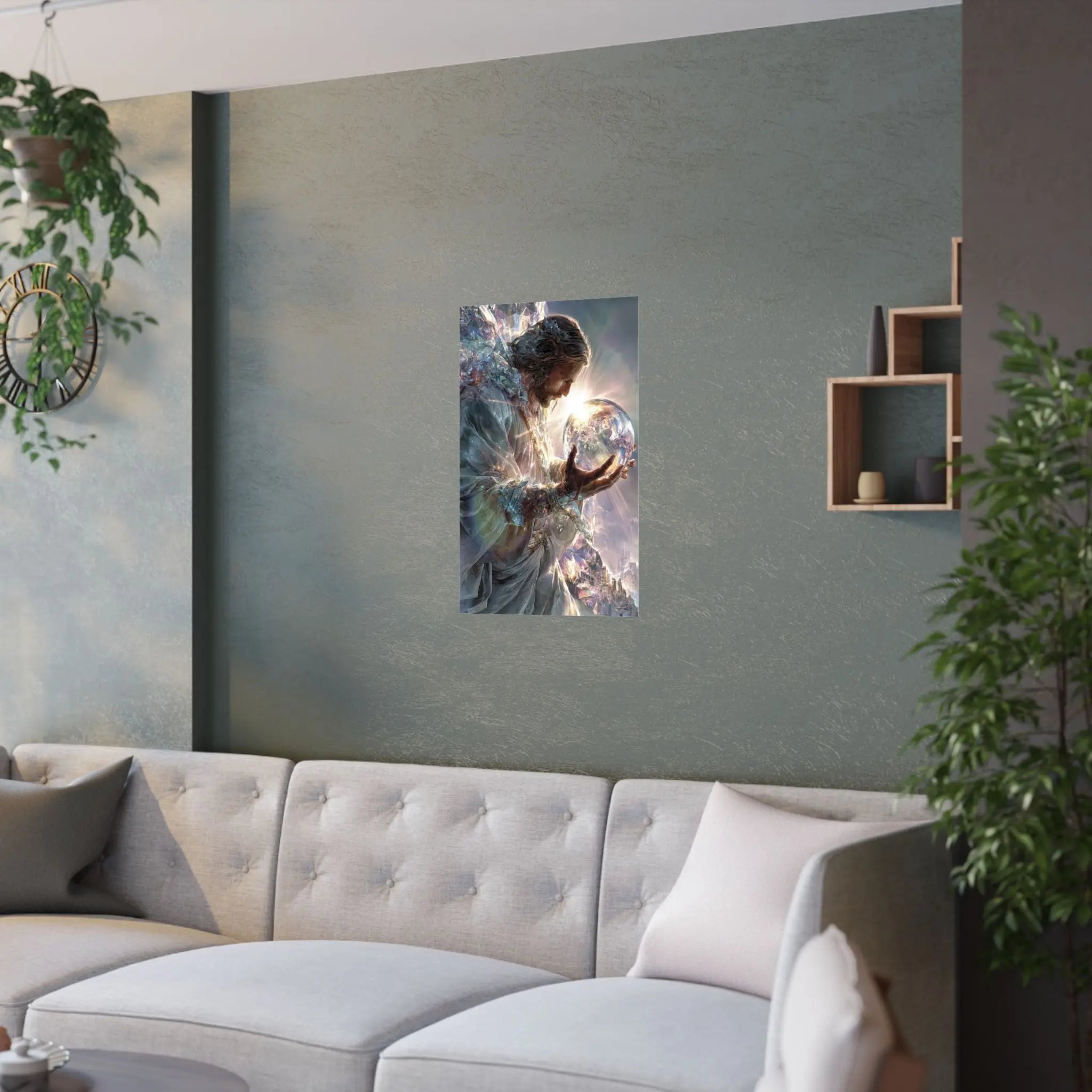 Jesus Holding the World Satin Poster — Spiritual Christian Wall Art Printify