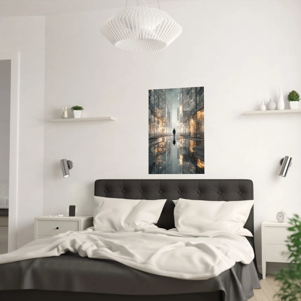 Futuristic Cityscape Satin Poster — Reflective Urban Night Art Print Printify