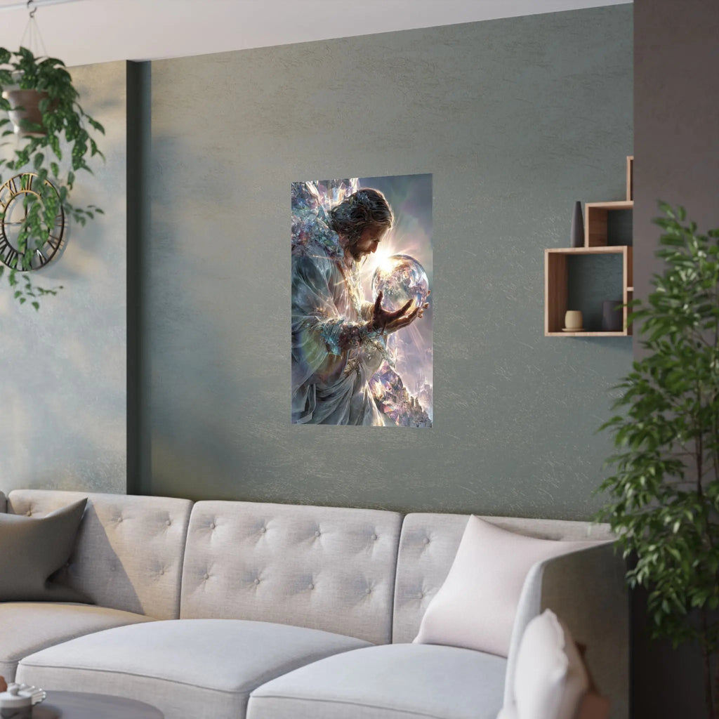 Jesus Holding the World Satin Poster — Spiritual Christian Wall Art Printify