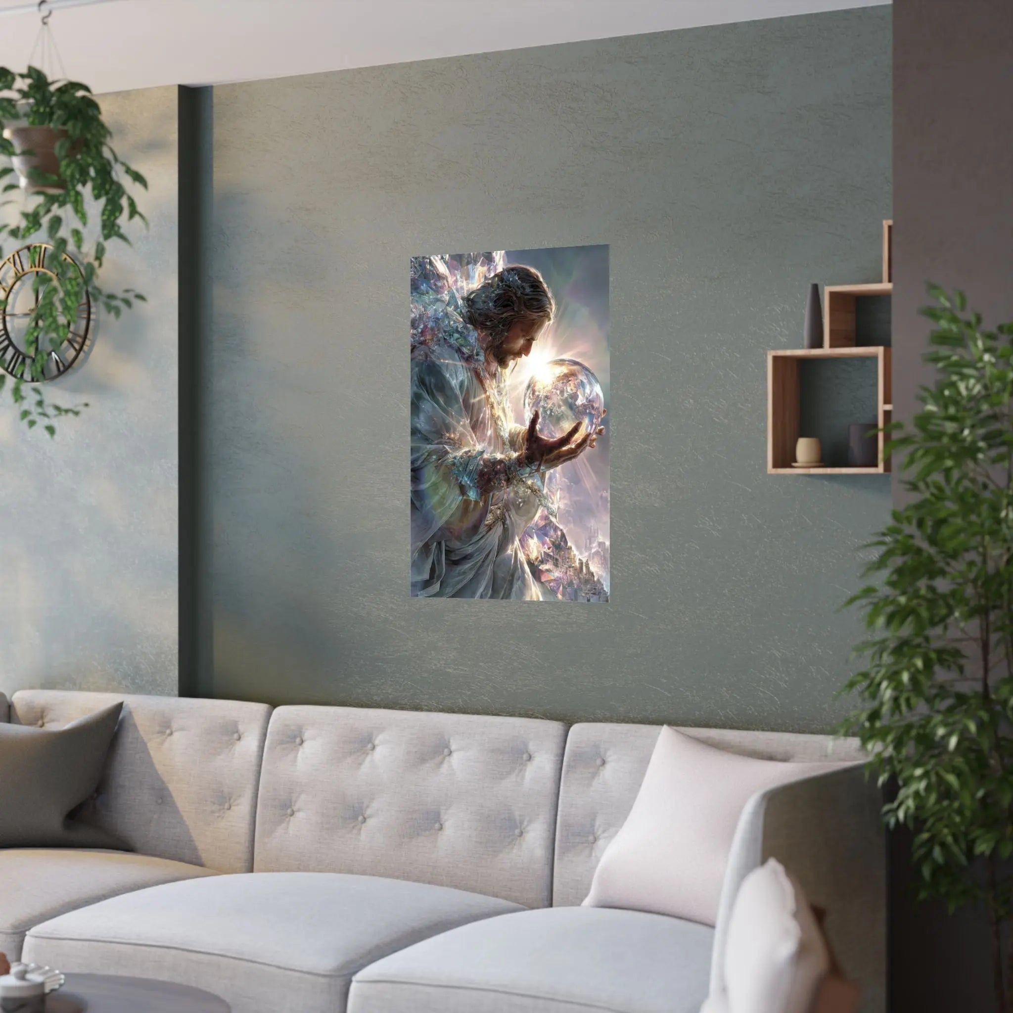 Jesus Holding the World Satin Poster — Spiritual Christian Wall Art Printify