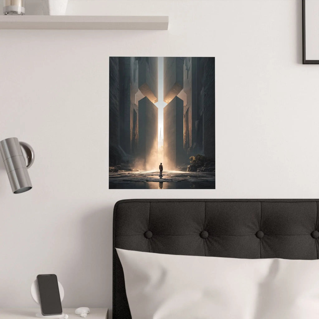 Satin Poster — Solitary Figure at Golden Gateway (Large Art Print) Printify