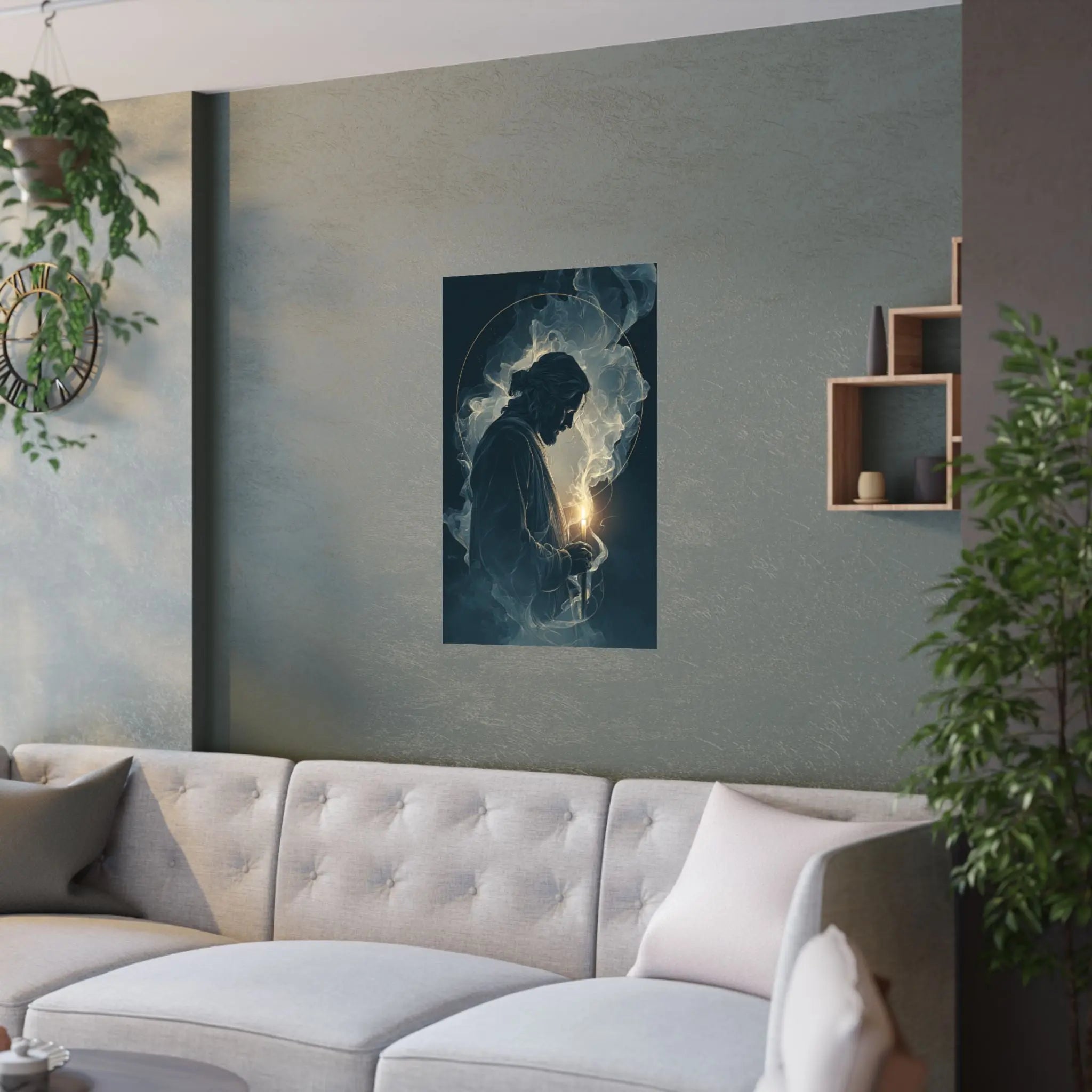Jesus with Candle Satin Poster — Spiritual Religious Wall Art Printify