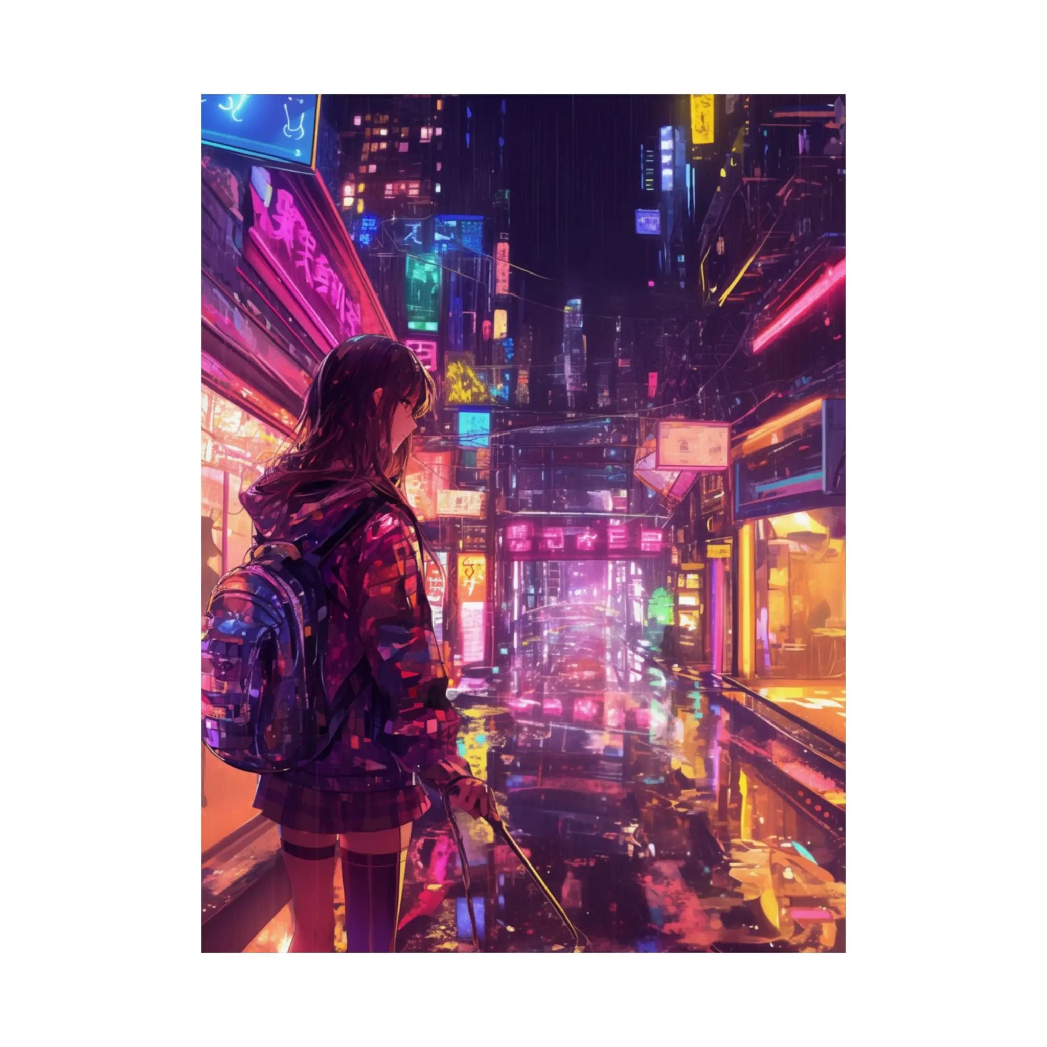 Satin Poster — Neon Cyber City Girl (210gsm) Printify