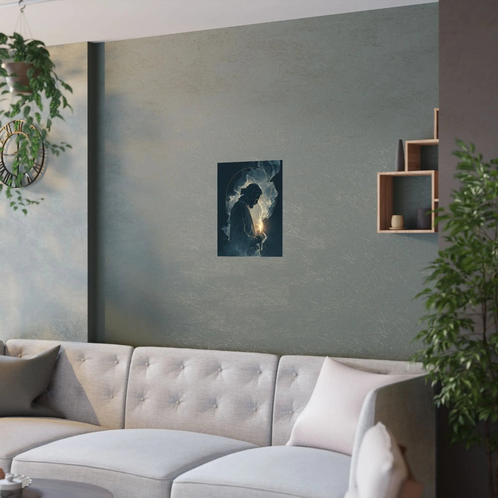 Jesus with Candle Satin Poster — Spiritual Religious Wall Art Printify