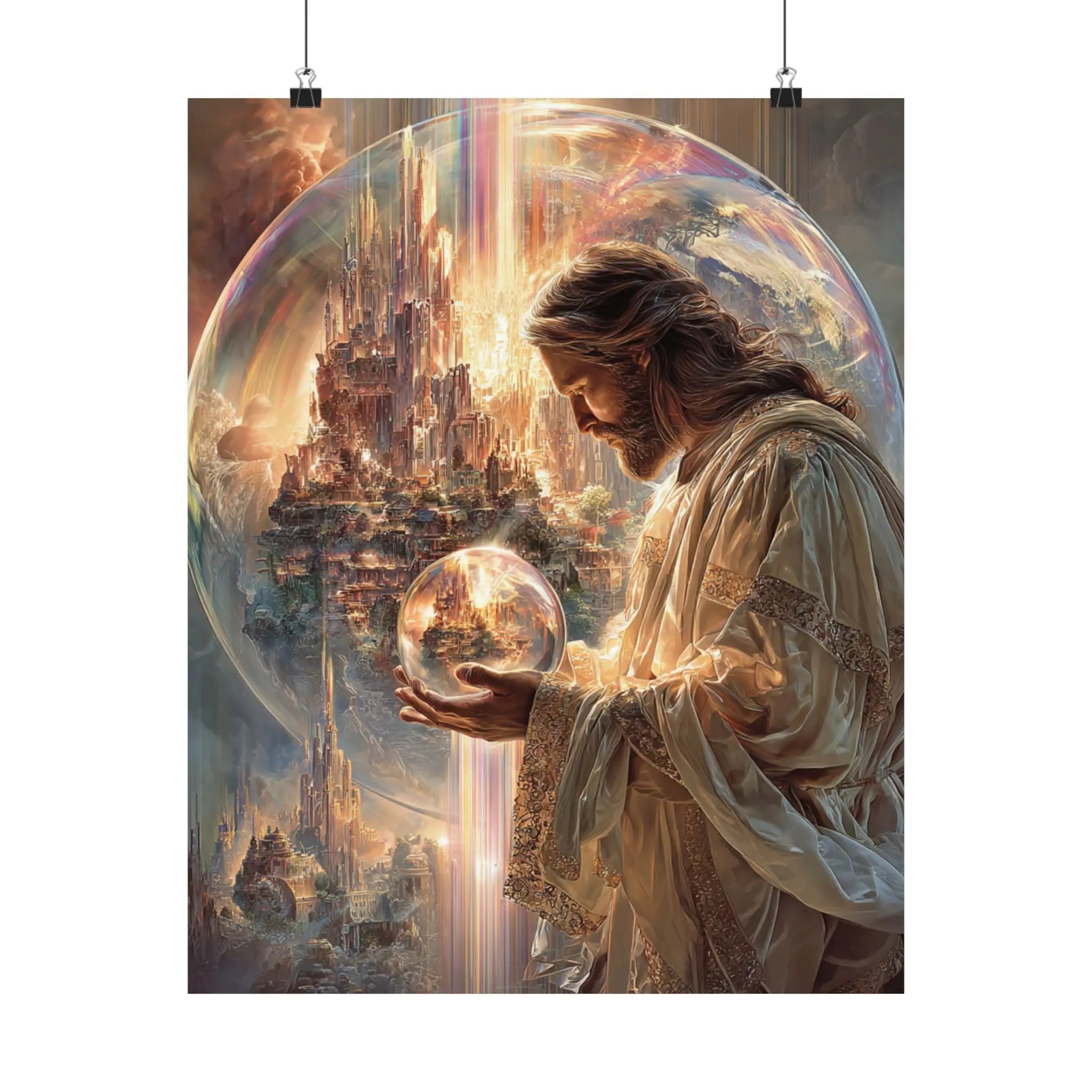 Satin Poster — Jesus The Spiritual Guardian Holding Lighted Globe (210gsm) Printify
