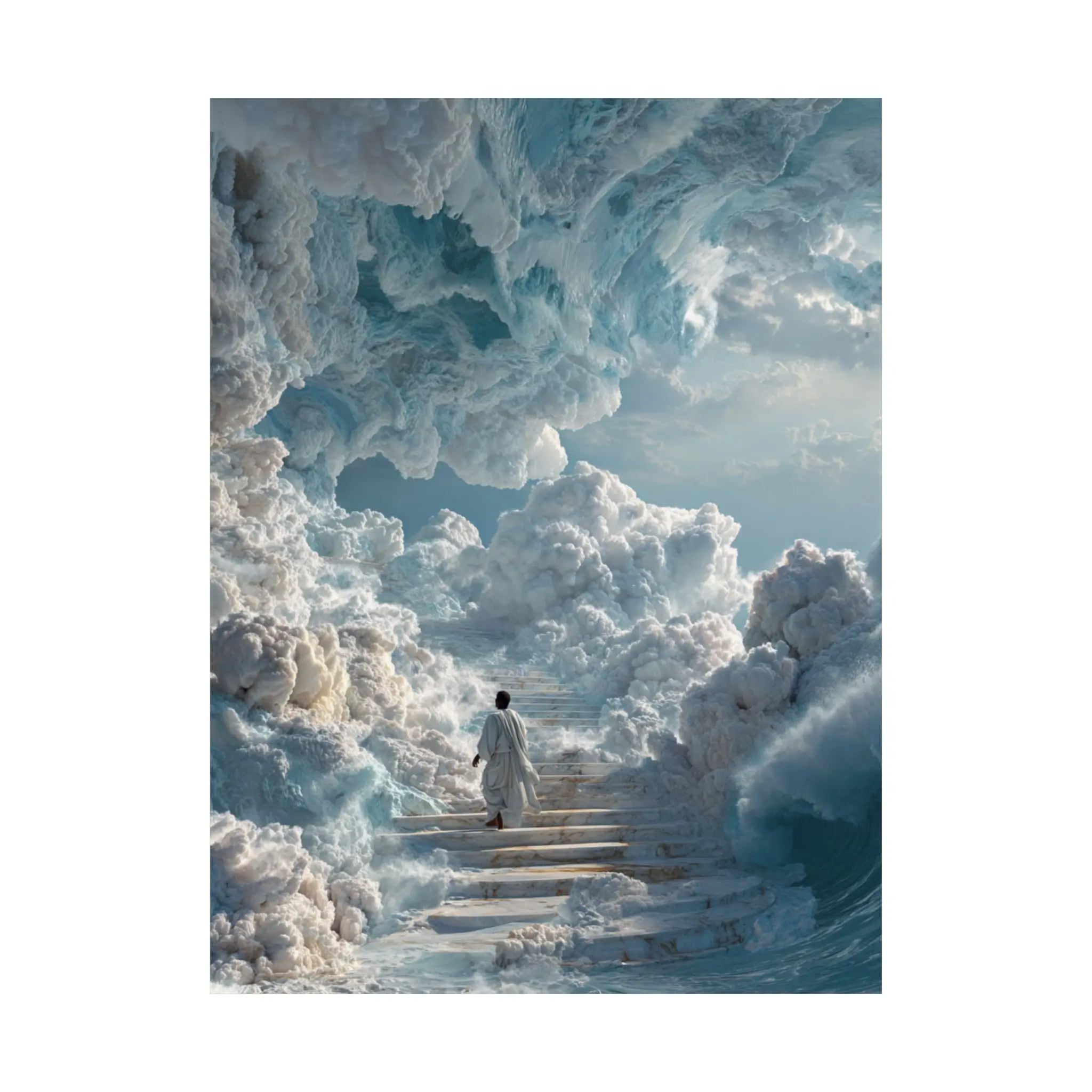 Heavenly Stairway Satin Poster — Ethereal Cloudscape Wall Art Printify