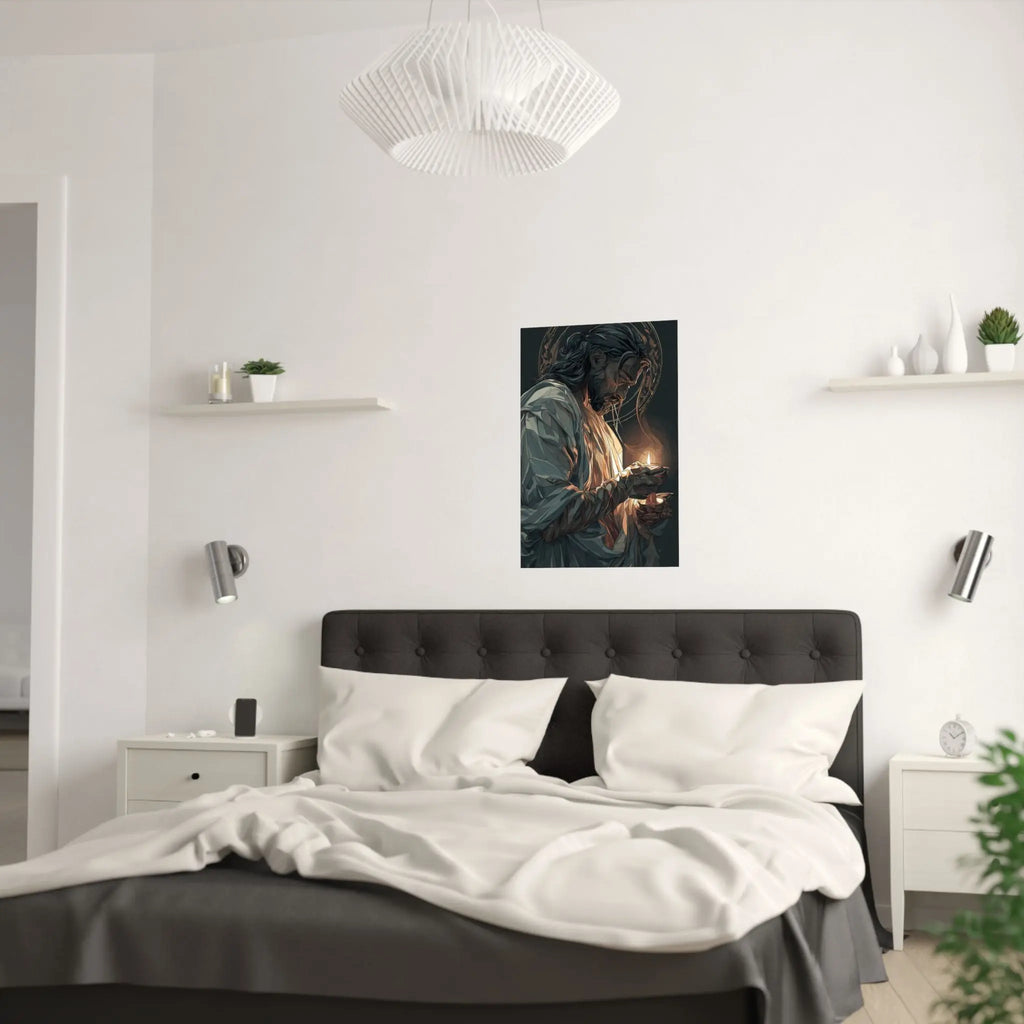 Satin Poster — Devotional Jesus Holding Candlelight (210gsm) Printify