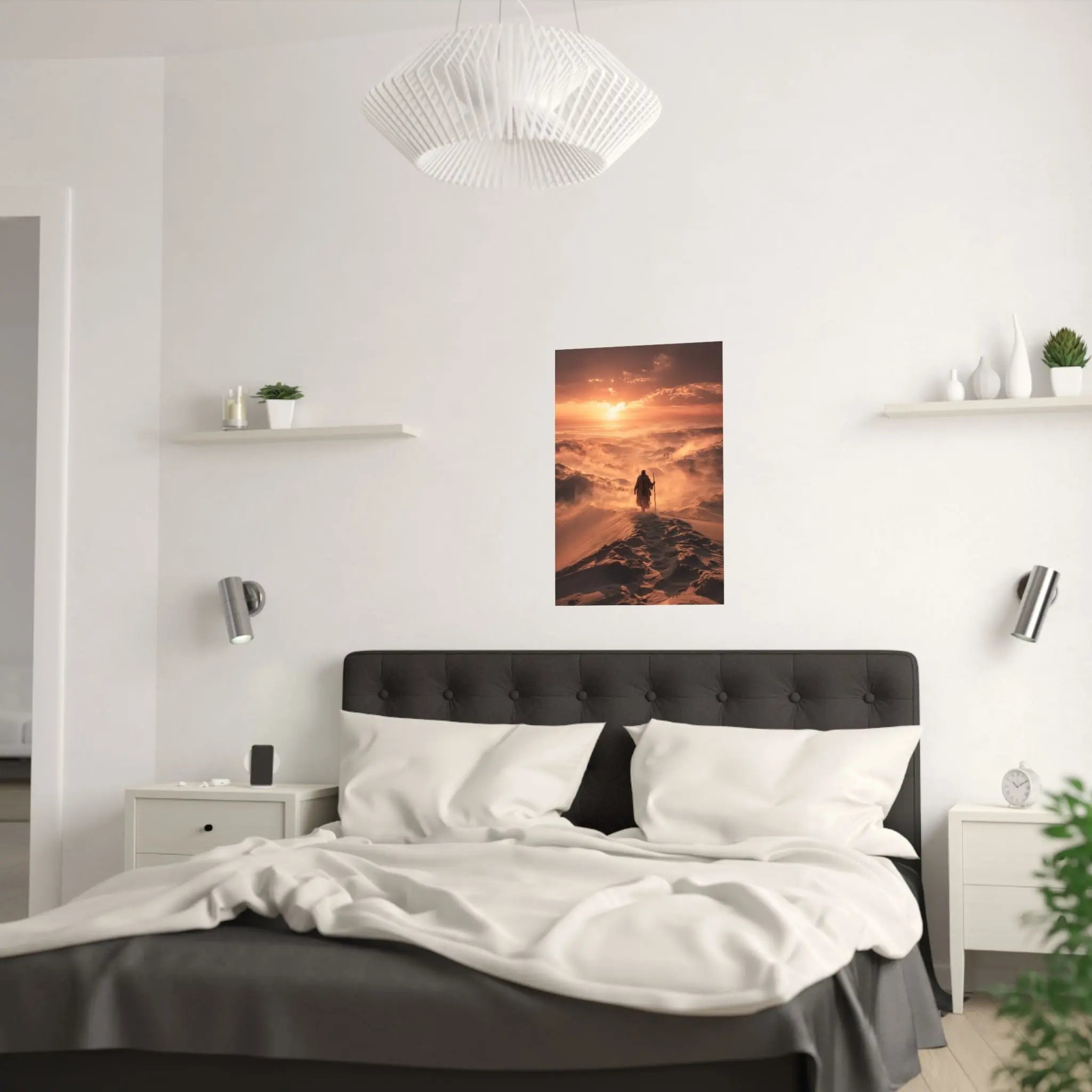 Desert Wanderer Satin Poster — Dramatic Sunset Silhouette Wall Art Printify