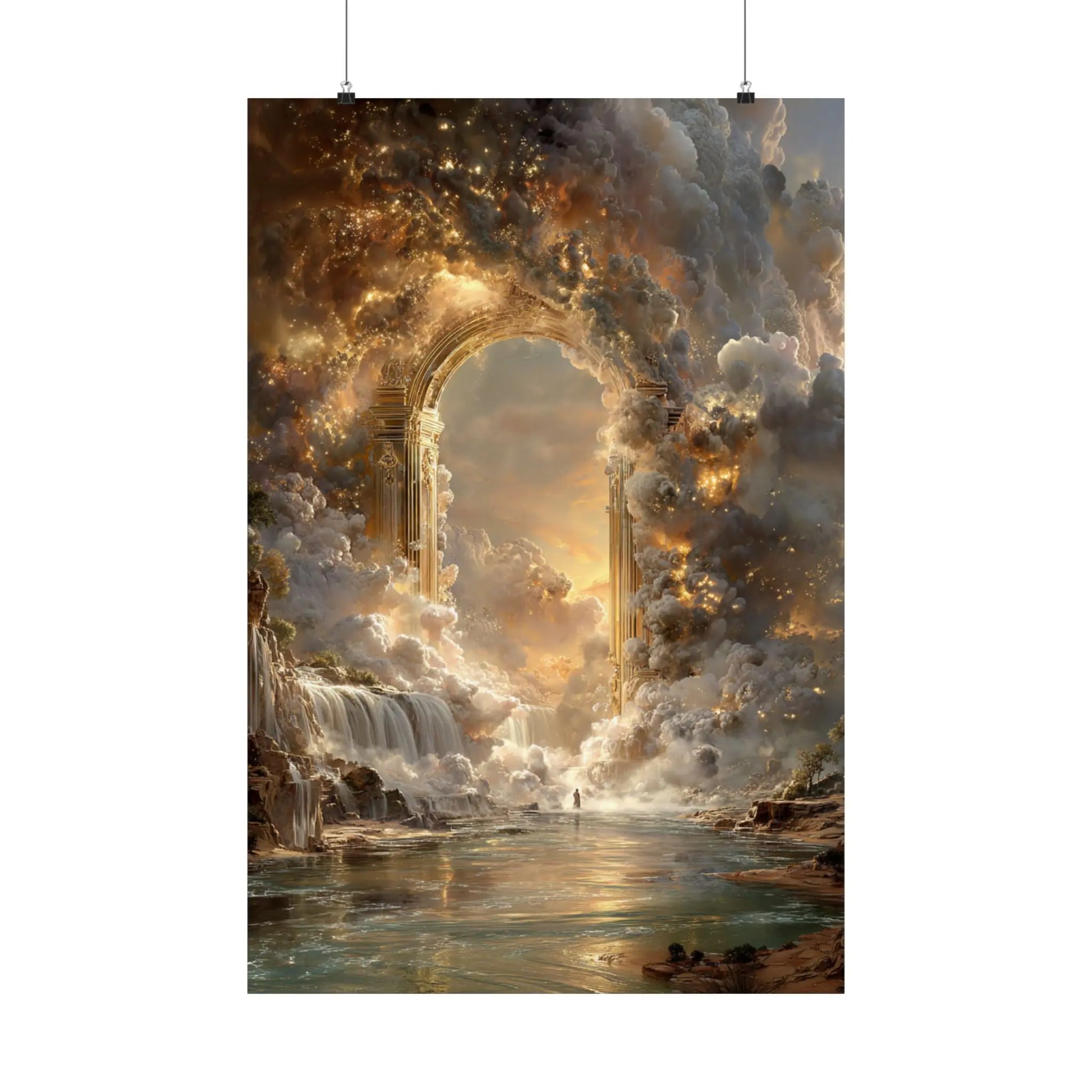 Heavenly Arch Satin Poster — Ethereal Golden Clouds & Waterfall Wall Art Printify
