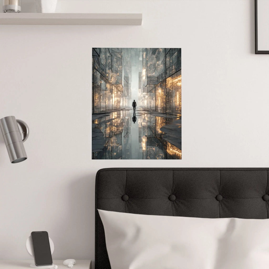 Futuristic Cityscape Satin Poster — Reflective Urban Night Art Print Printify