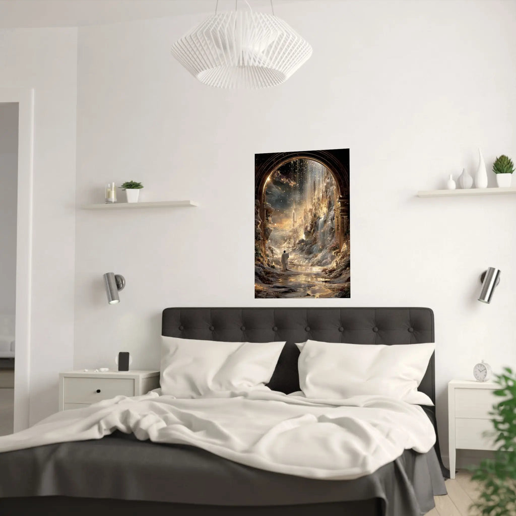 Celestial Gateway Satin Poster — Ethereal Golden Landscape Wall Art Printify