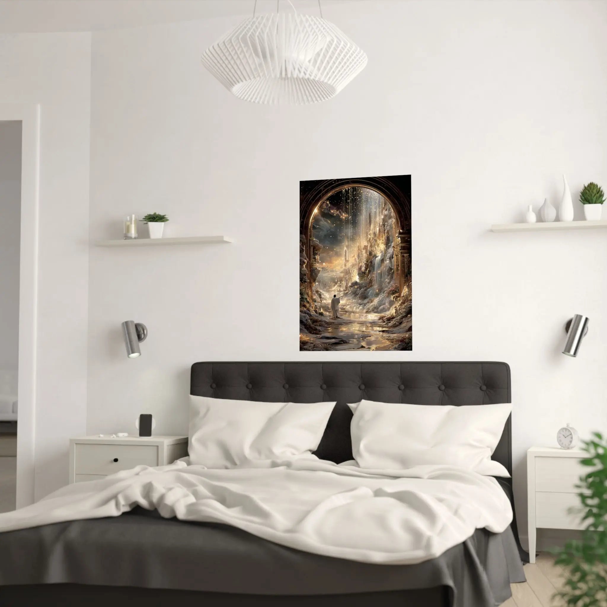 Celestial Gateway Satin Poster — Ethereal Golden Landscape Wall Art Printify
