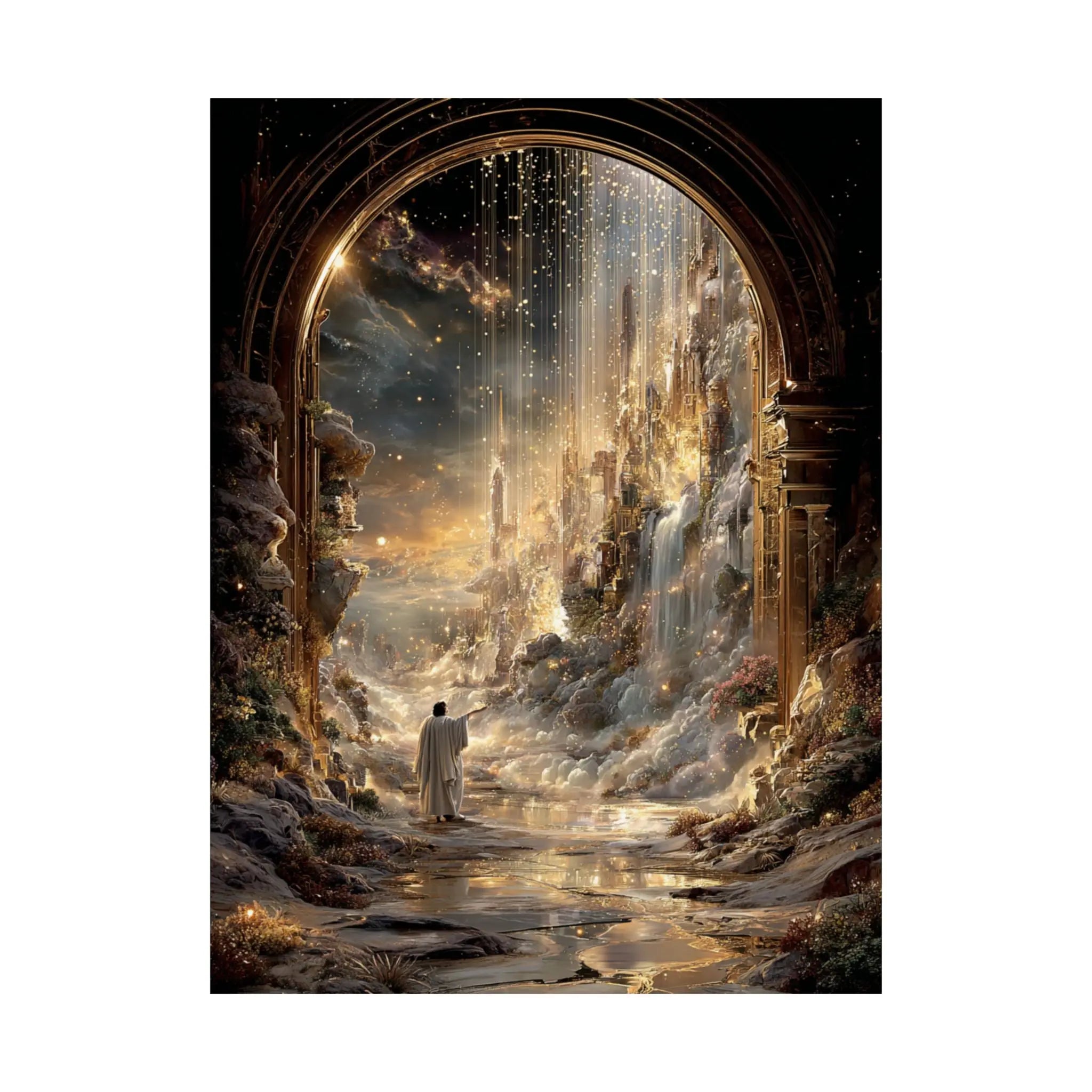 Celestial Gateway Satin Poster — Ethereal Golden Landscape Wall Art Printify