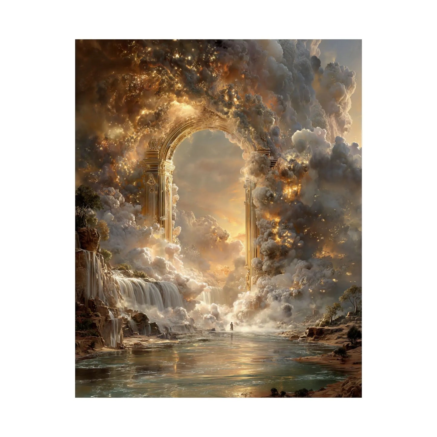 Heavenly Arch Satin Poster — Ethereal Golden Clouds & Waterfall Wall Art Printify