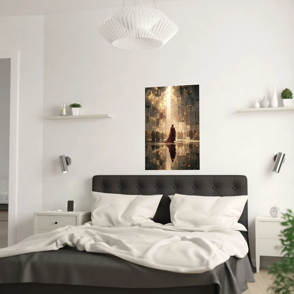 Satin Poster — Jesus in Regal Red Cloak in Golden Reflective Cityscape Printify