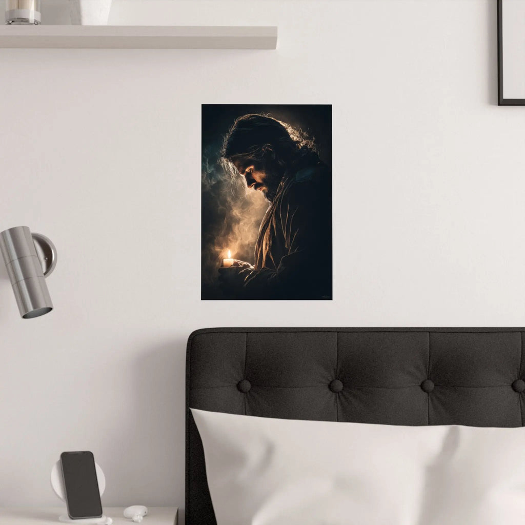 Religious Satin Poster — Jesus Holding Candle Wall Art Printify