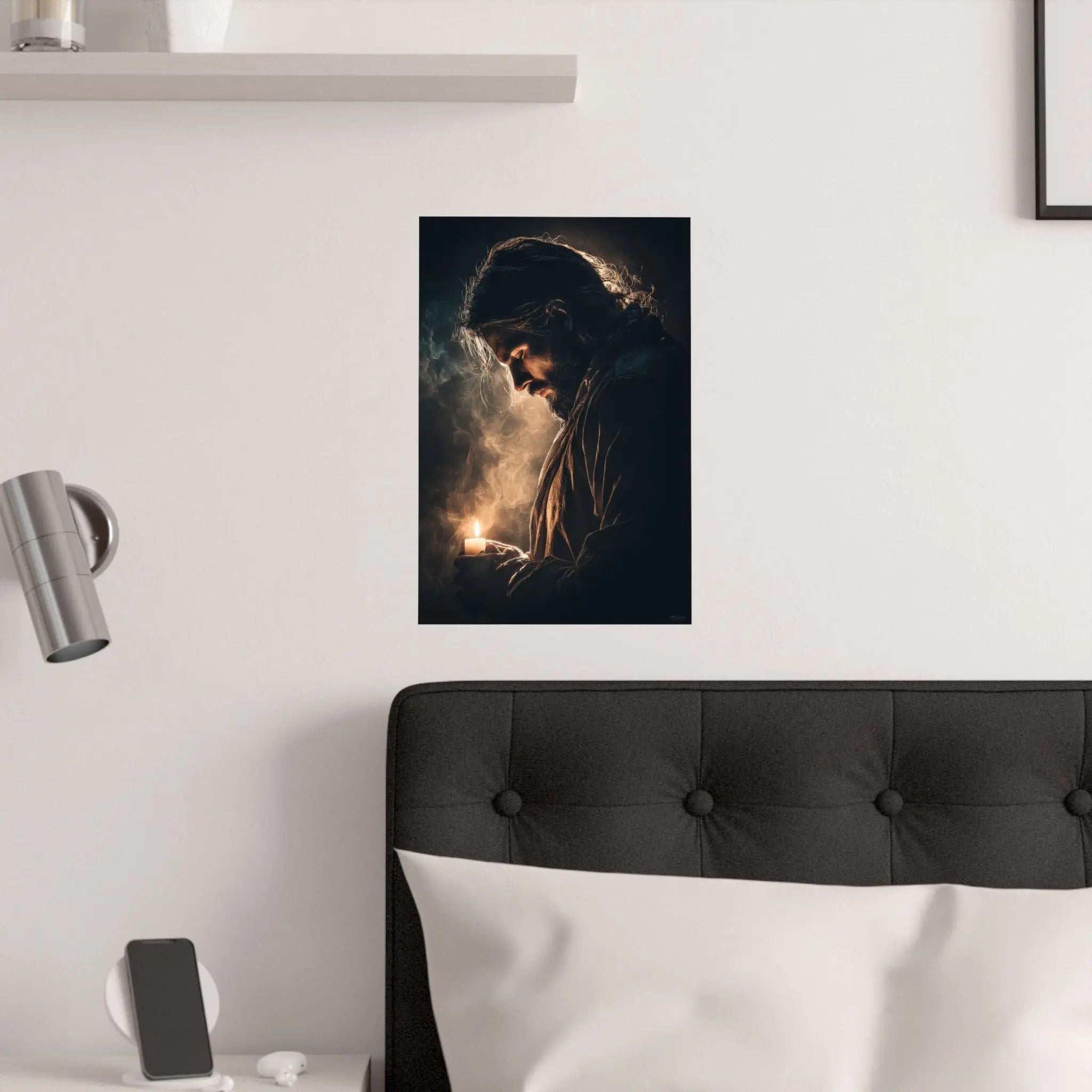 Religious Satin Poster — Jesus Holding Candle Wall Art Printify