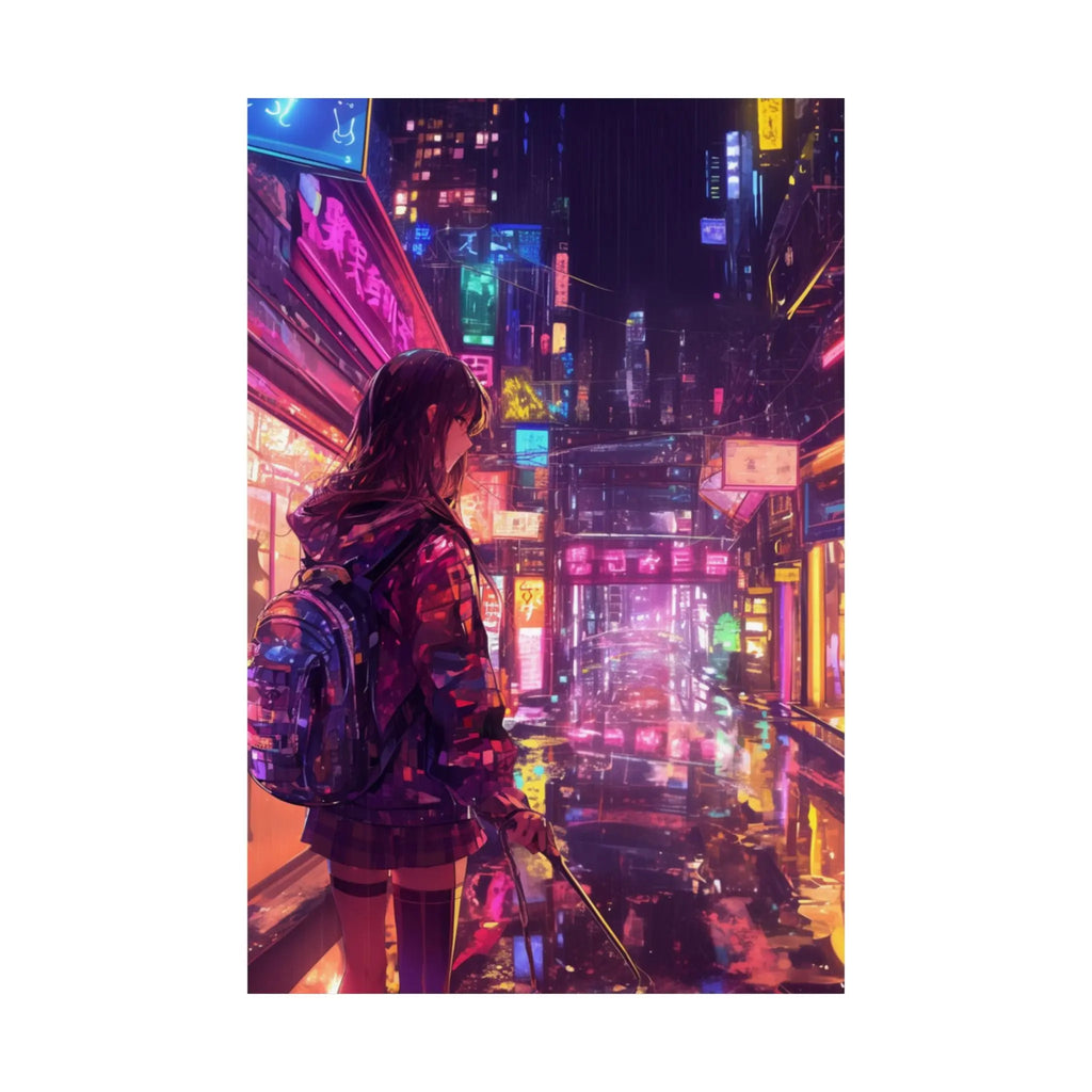 Satin Poster — Neon Cyber City Girl (210gsm) Printify