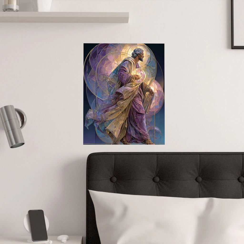 Religious Art Poster — Stained-Glass Saint Holding Orb Satin Print Printify