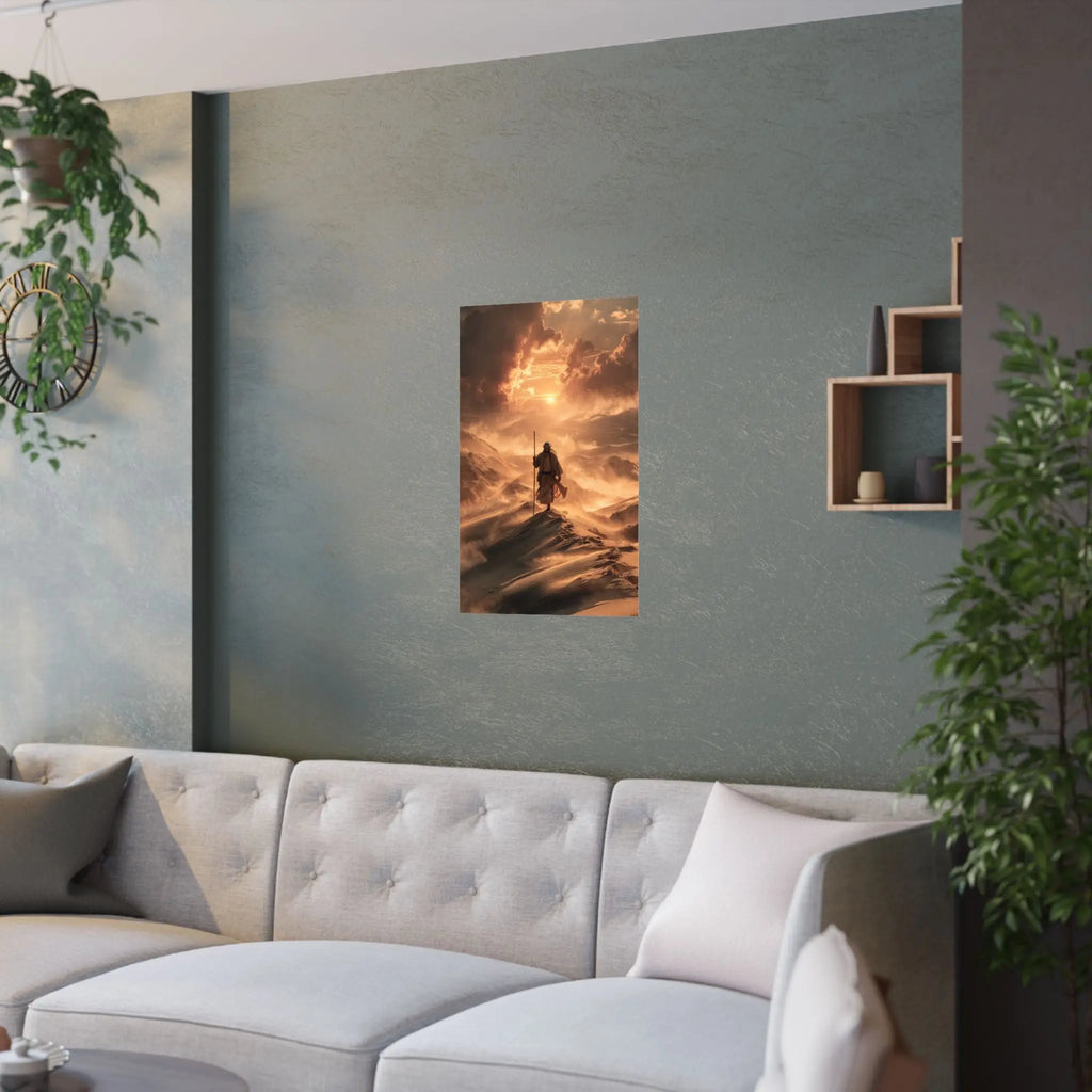 Satin Poster — Jesus on Fiery Dunes Sunset Wall Art Printify