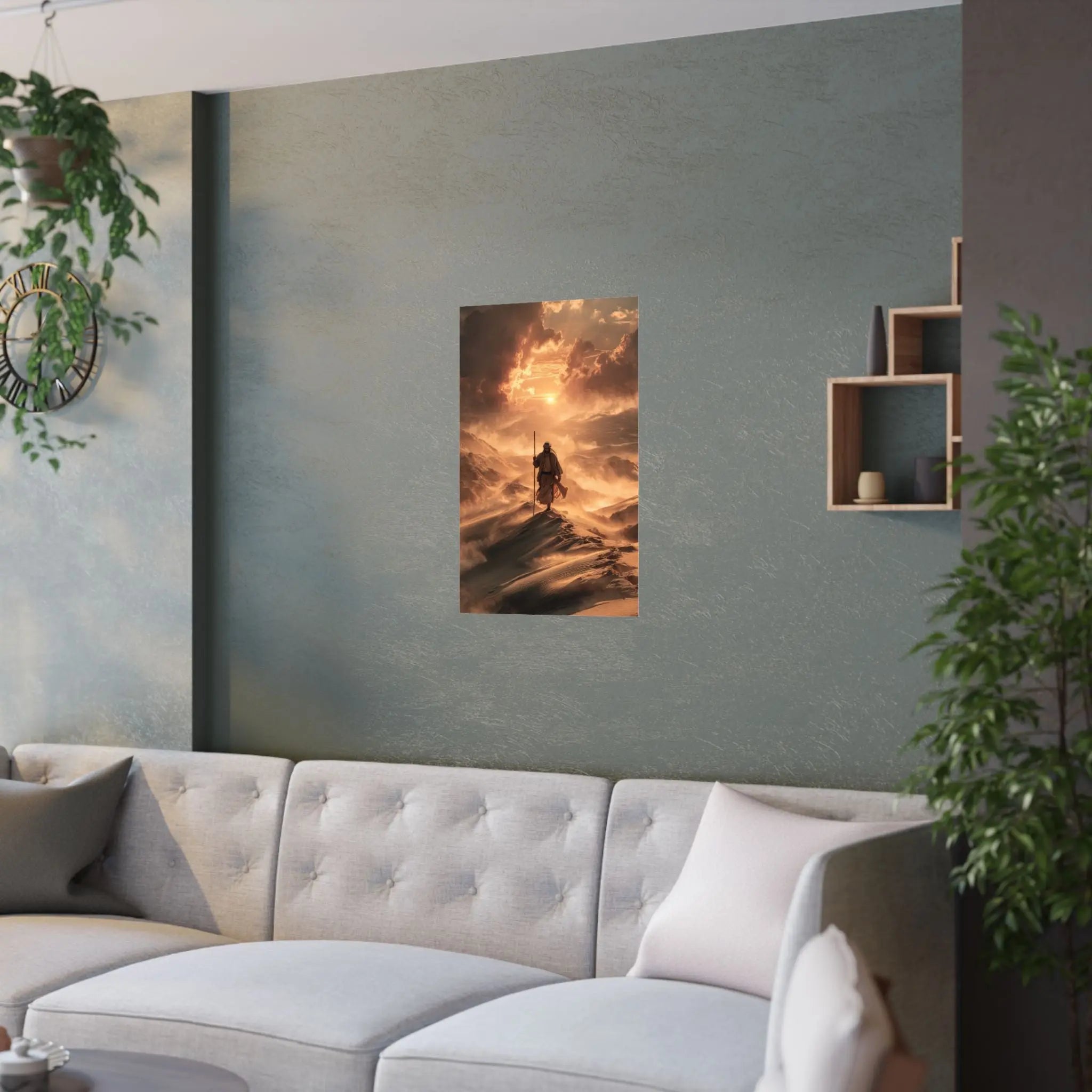 Satin Poster — Jesus on Fiery Dunes Sunset Wall Art Printify