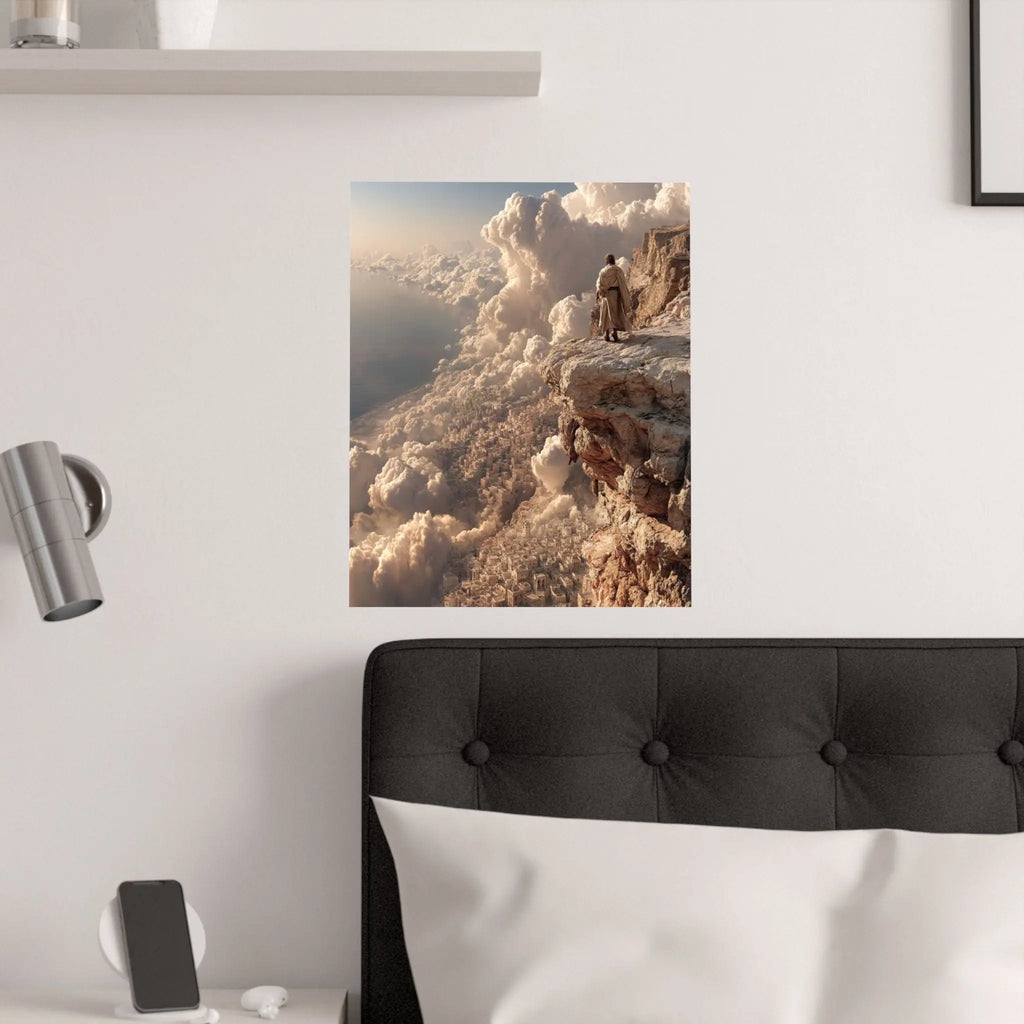 Satin Poster — Solitary Figure on Cliff Above Golden Clouds (210gsm) Printify