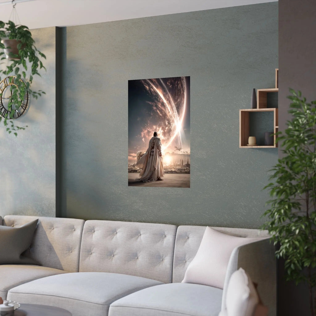 Epic Sci‑Fi Poster — Lone Figure Walking Toward Stellar City (Satin 210gsm) Printify