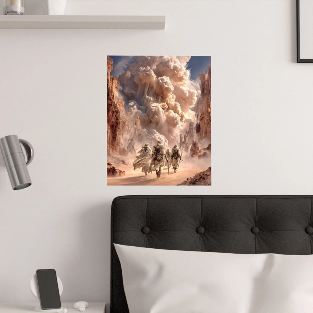 Desert Pilgrimage Satin Poster — Dramatic Sandstorm Fantasy Wall Art Printify