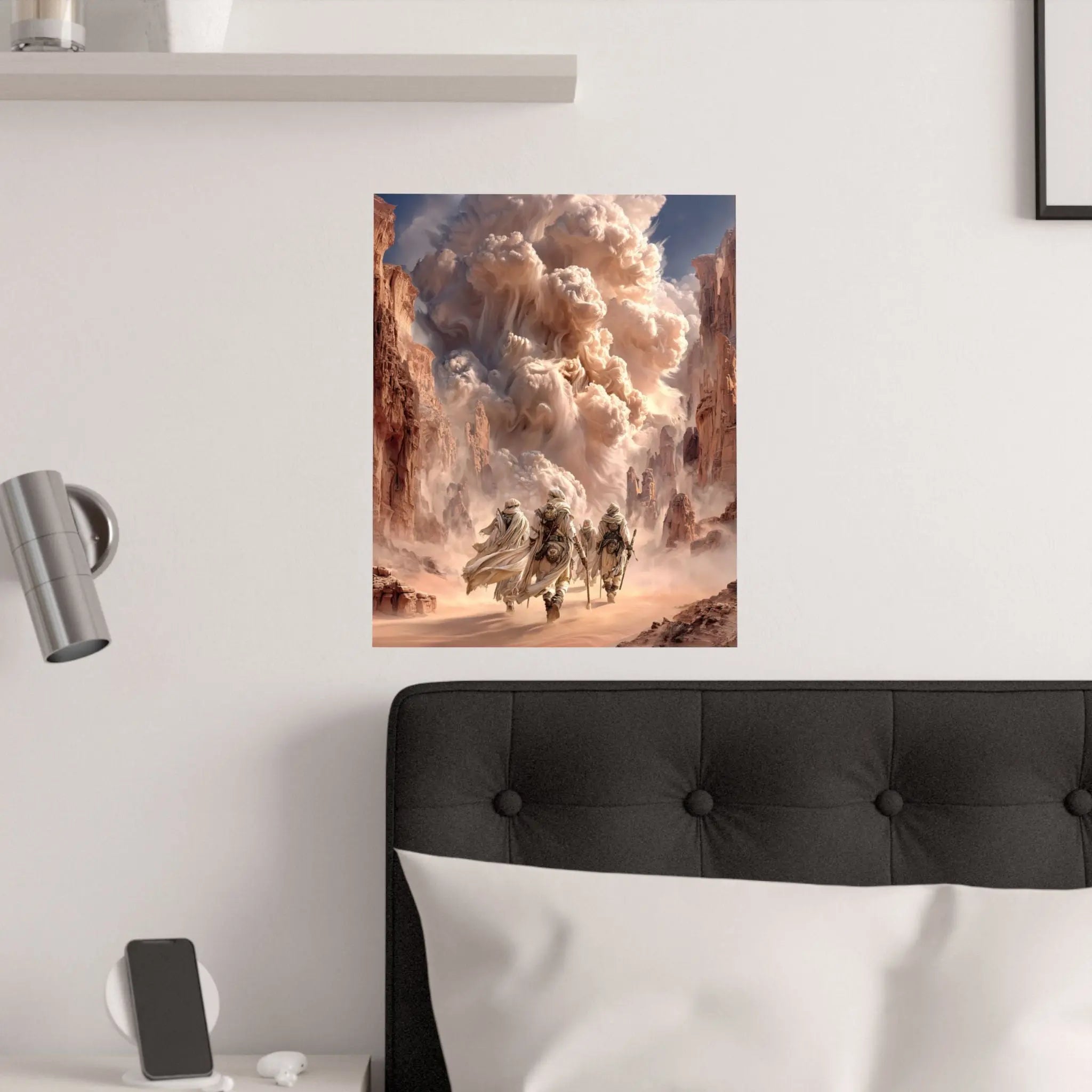 Desert Pilgrimage Satin Poster — Dramatic Sandstorm Fantasy Wall Art Printify