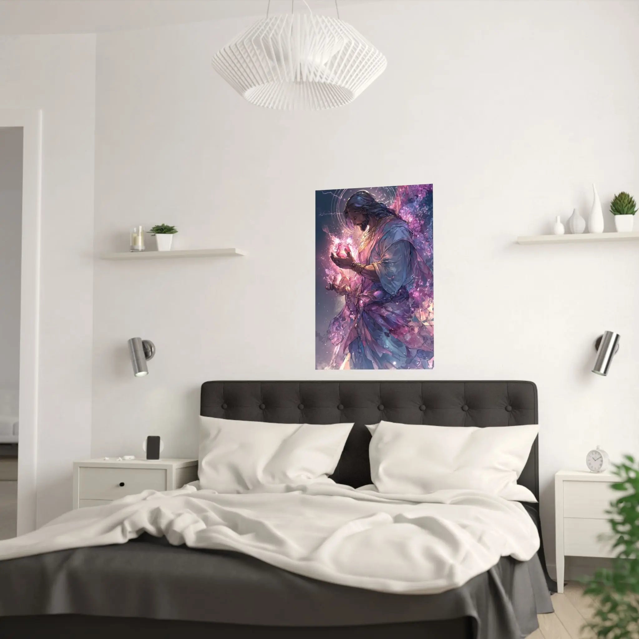 Satin Poster — Radiant Christ Holding Heart Illustration (210gsm) Printify
