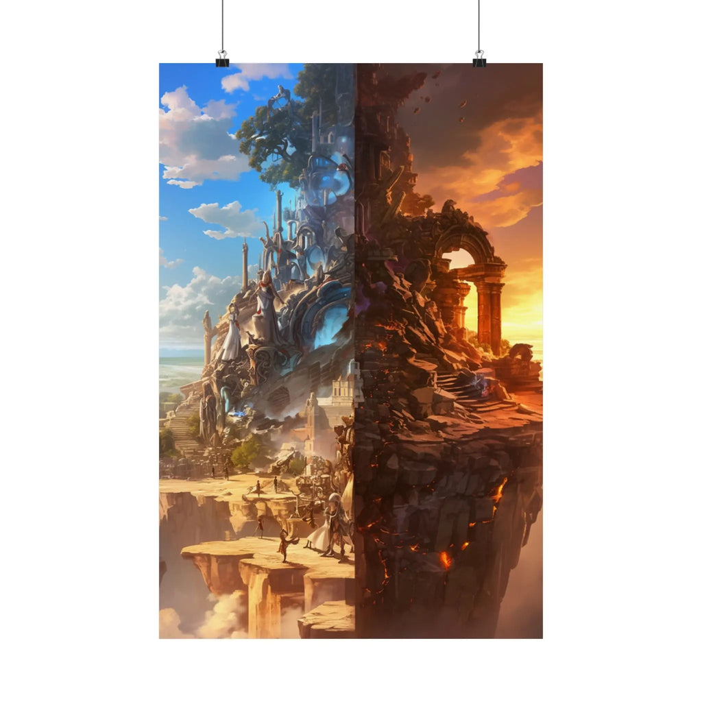 Fantasy Split-World Satin Poster (210gsm) — Day & Night Landscape Art Print Printify