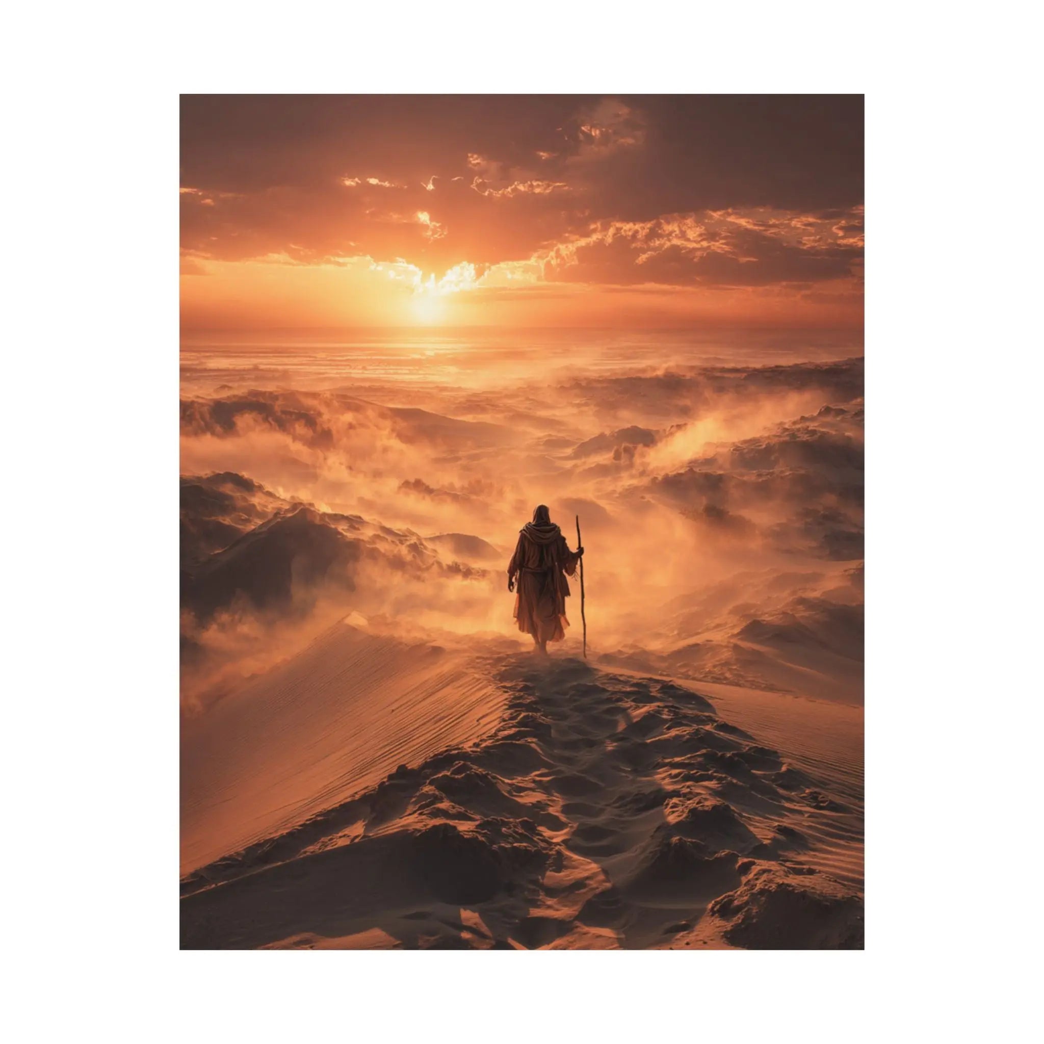 Desert Wanderer Satin Poster — Dramatic Sunset Silhouette Wall Art Printify